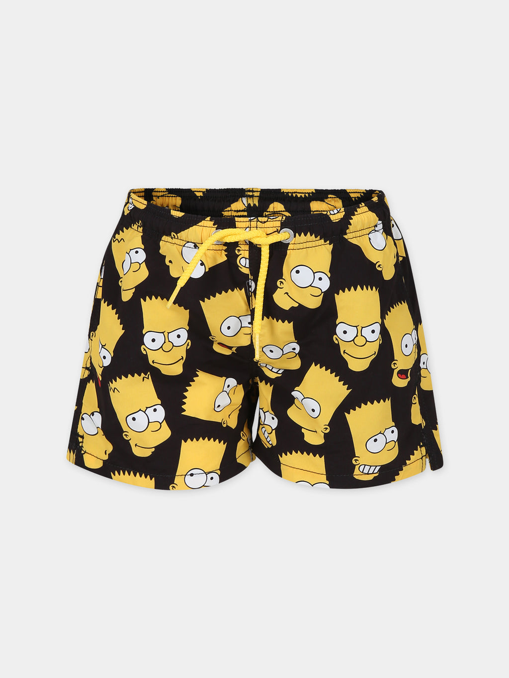 Black swim shorts for boy with Bart Simpson print and logo